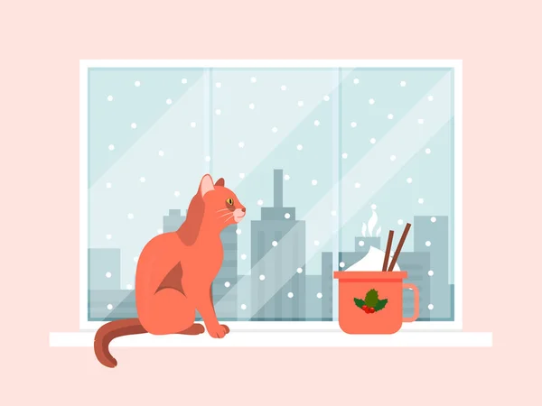 Кіт сидить у зимовому вікні, затишний холодний сезон міський пейзаж та кавова шапка плоска векторна ілюстрація. Свято різдвяного настрою, вид на простір міста . — стоковий вектор