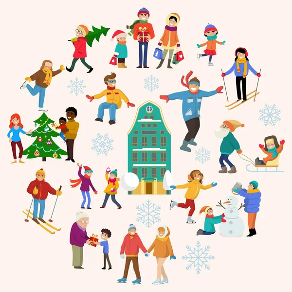 Grupo de personas relajarse deporte de invierno, vacaciones de Navidad temporada de humor ilustración vector plano. Navidad frío temporada carácter personas descanso . — Archivo Imágenes Vectoriales