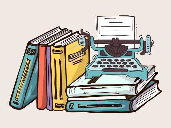 Typewriter and book stack isolated on white cartoon vector illustration. Artículos de escritor conceptual, volumen de libros de texto de escritores profesionales, editorial.. — Vector de stock