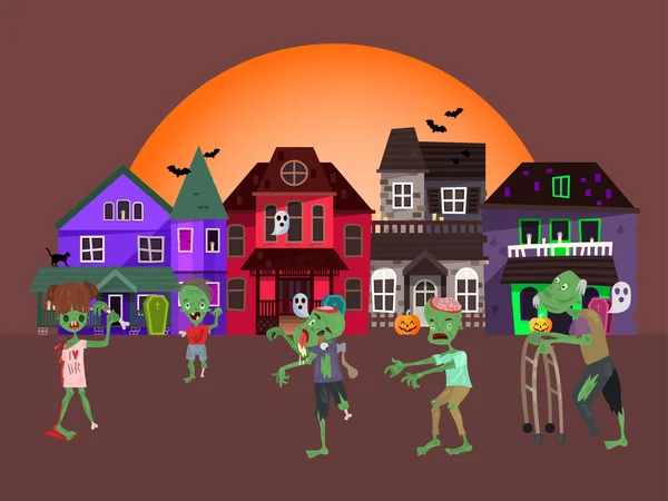 Begreppet zombie apokalyps hus, levande lik promenader urban stad platt vektor illustration. Halloween koncept semester, skräck odöd attack. — Stock vektor