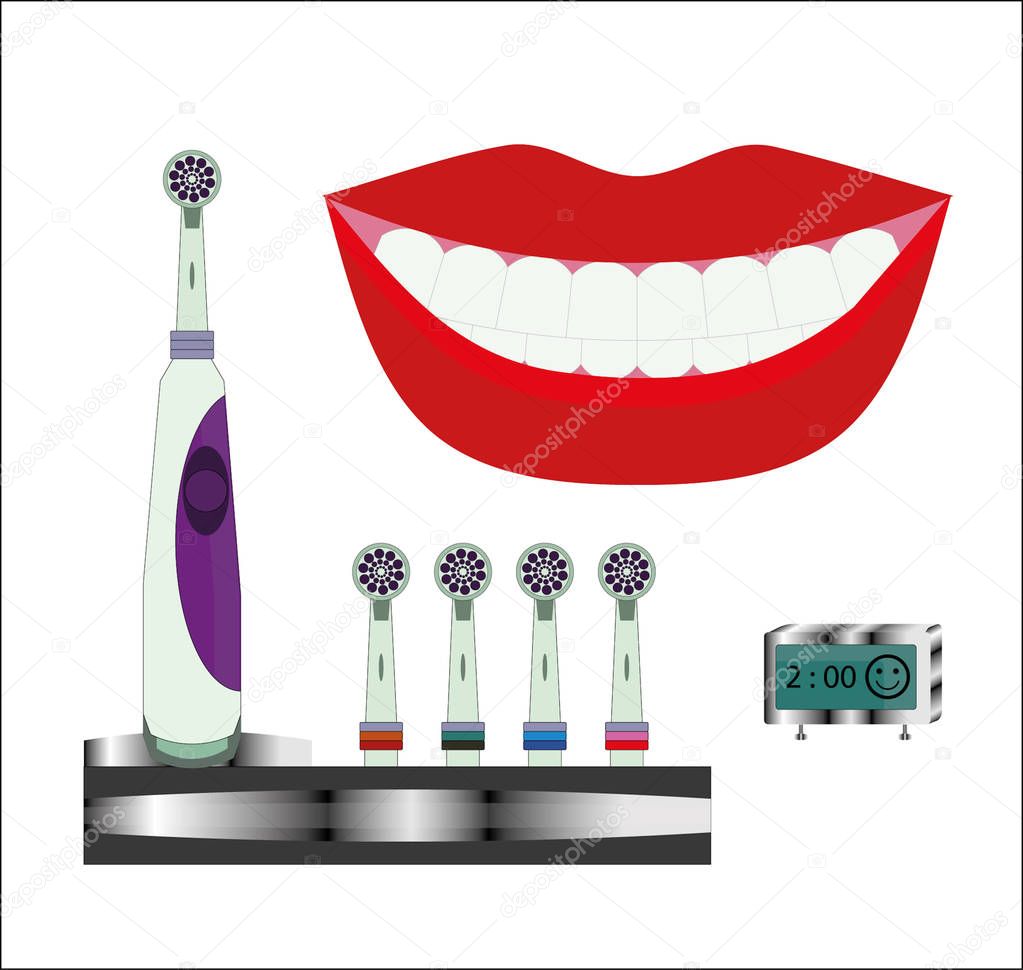 Close up of perfect and healthy teeth with electric toothbrush and time clock