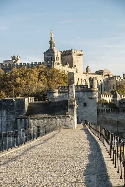 Pont Saint-Benezet em Avignon com vista para o palácio dos papas — Fotografia de Stock