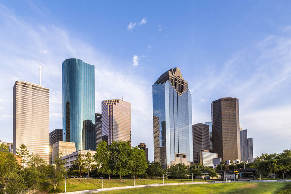 skyline of houston in sunset