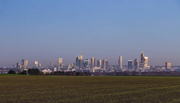 Uitzicht op de skyline van Frankfurt met velden door de nacht — Stockfoto