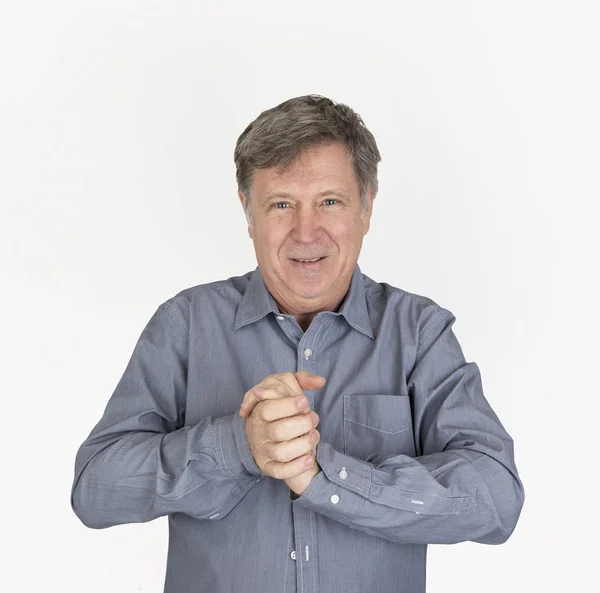 Handsome man in shirt with hand gestures — Stock Photo, Image