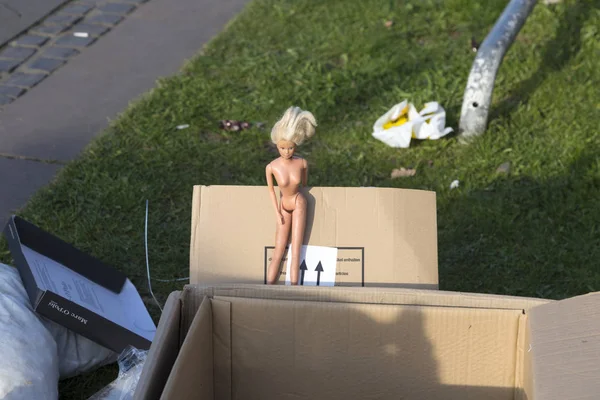Barbie står naken på en kartong — Stockfoto