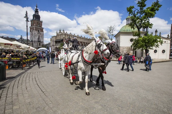 La gente disfruta del carruaje tirado por caballos en la Plaza del Mercado —  Fotos de Stock