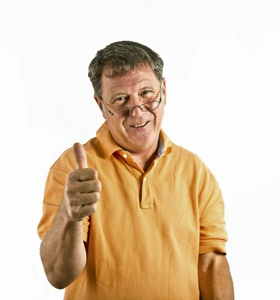 Smart man in studio shows gesture all right — Stock Photo, Image