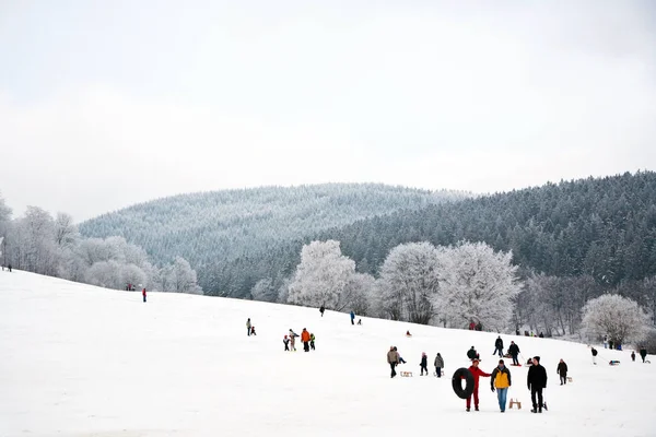 As crianças estão patinando em uma corrida de tobogã no inverno na neve — Fotografia de Stock