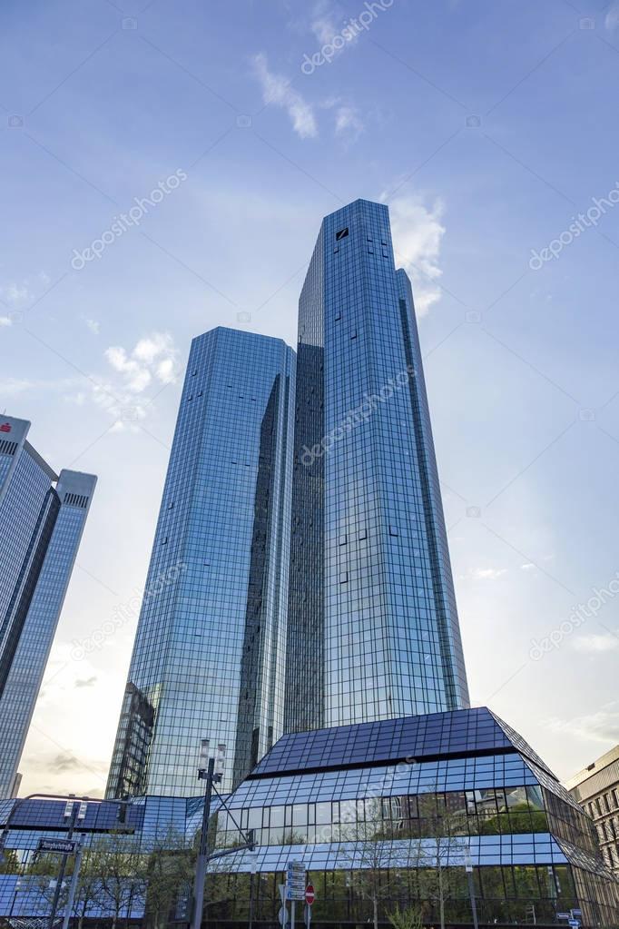 FRANKFURT - APRIL 3, 2014: view to skryscraper of German Bank downtown Frankfurt in Midday with logo. Frankfurt has the most skyscraper in Germany as home of Banks
