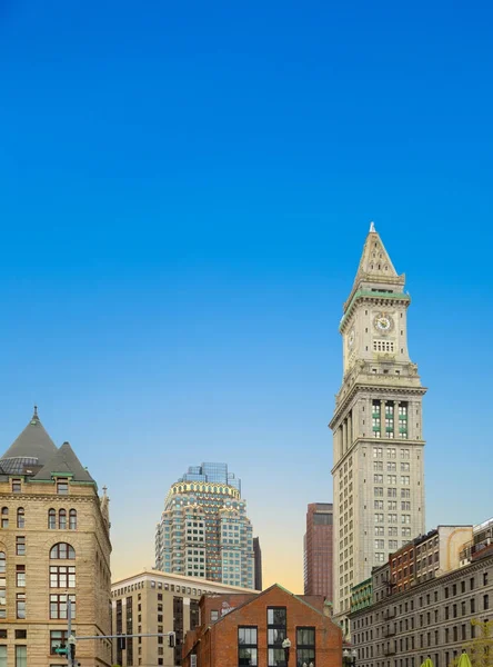 Skyline of Boston with clock tower, customs house — Stock Photo, Image