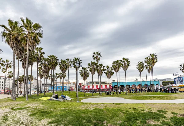 Festői strand Velence Beach pálmafákkal és emberekkel — Stock Fotó