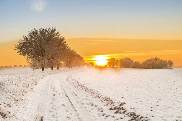 Puesta Sol Paisaje Invierno Bad Frankenhausen Turingia — Foto de Stock