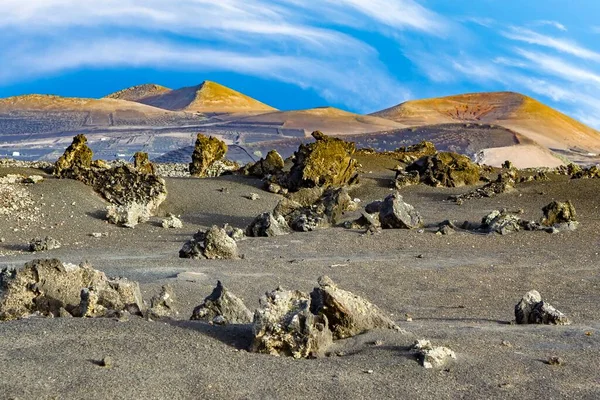 Paisagem Vulcânica Pôr Sol Parque Nacional Timanfaya Lanzarote Espanha — Fotografia de Stock