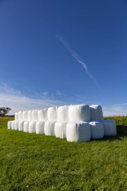 Sahada beyaz folyoya sarılı saman