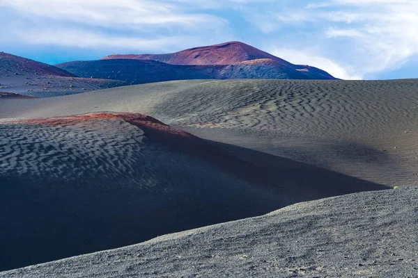 Krajobraz Wulkanu Zachodzie Słońca Park Narodowy Timanfaya Lanzarote Hiszpania — Zdjęcie stockowe