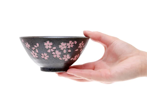 Hand holding japanese rice bowl — Stock Photo, Image