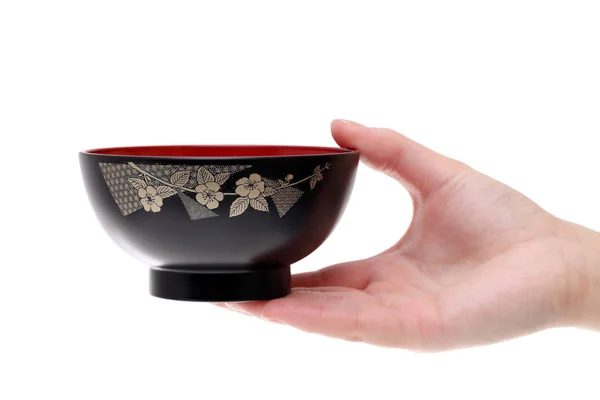 Mão segurar japonês sopa tigela — Fotografia de Stock