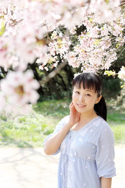 Japoński kobieta z wiśni — Zdjęcie stockowe