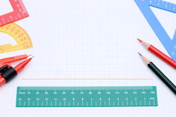 Colorful rulers, pen and notebook — Stock Photo, Image