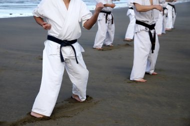 Karakış plajda yeni yılın karate Japon dövüş sanatları eğitimi