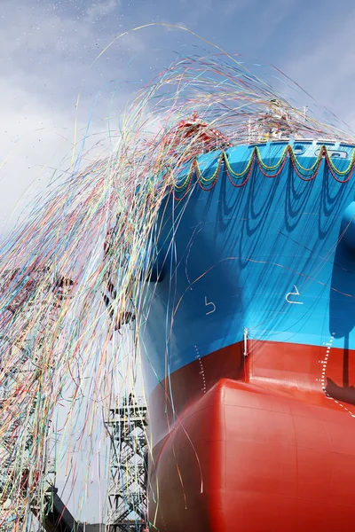 Neu Gebautes Schiff Beim Stapellauf Der Werft Japan — Stockfoto