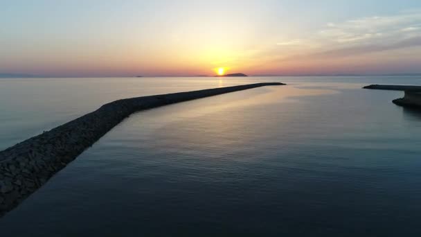 Aerial View Advance Flying Drone Breakwater Stone Evening Sea — Stock Video