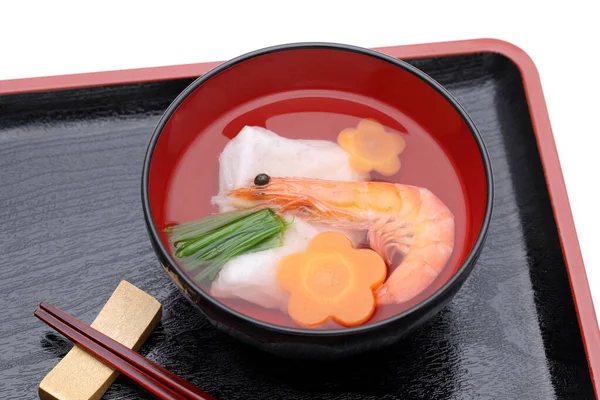 Comida Japonesa Sopa Zoni Mochi Ebi Tazón — Foto de Stock