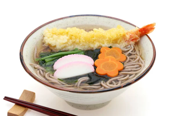 Japonská Tenpura Soba Nudle Misce Bílém Pozadí — Stock fotografie