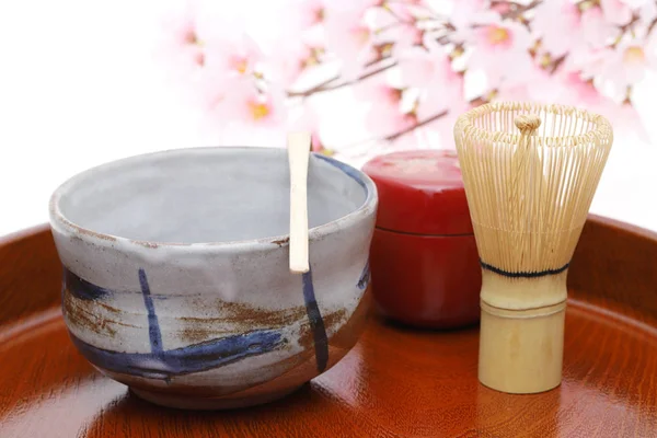 Teeschüssel Mit Teebesen Und Bambuslöffel Die Der Japanischen Matcha Grüntee — Stockfoto