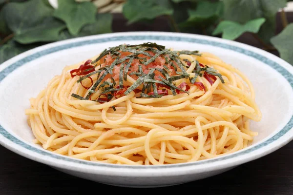 Pasta Spaghetti Fresh Karashi Mentaiko Nori Cheese Table — Stock Photo, Image