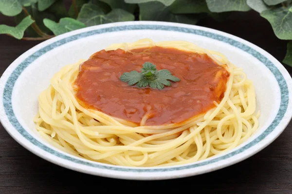Pasta Spaghetti Tomato Sauce Basil Table — Stock Photo, Image