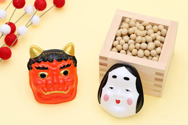 Japanse Traditionele Setsubun Evenement Sojabonen Maskers Van Oni Demon Otafuku — Stockfoto