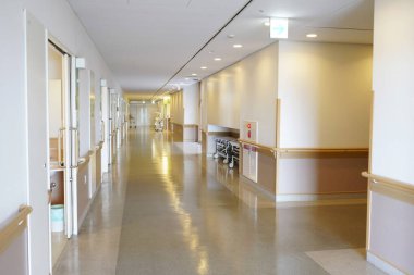 KAGAWA, JAPAN - JANUARY 30, 2020: Hospital room and corridor, door with wall, medical and clinic of hospital interior, Kagawa Mitoyo Hospital. 