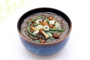 Japon Sansai soba şehriyesi beyaz arka planda seramik bir kasede. 