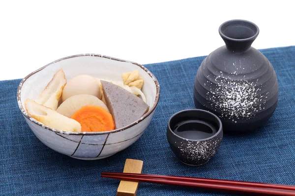 Copo Saquê Tradicional Japonês Garrafa Com Madeira Mesa — Fotografia de Stock