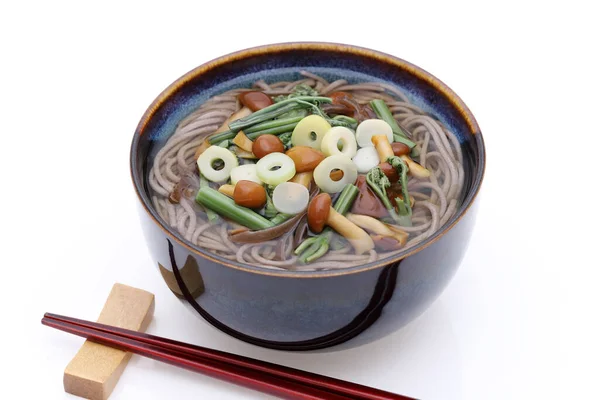 Ιαπωνικά Sansai Soba Noodles Κεραμικό Μπολ Chopsticks Λευκό Φόντο — Φωτογραφία Αρχείου