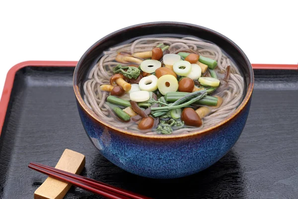 Macarrão Sansai Soba Japonês Uma Tigela Cerâmica Com Pauzinhos Bandeja — Fotografia de Stock