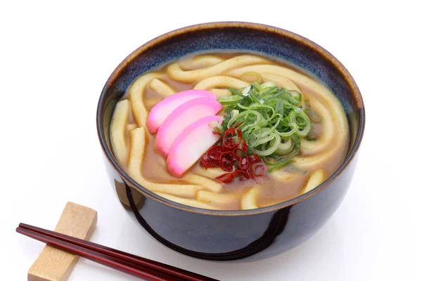 Nouilles Udon Curry Japonais Dans Bol Avec Baguettes Sur Fond — Photo