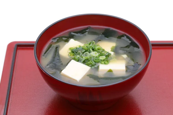 Nourriture Japonaise Soupe Miso Tofu Wakame Algues Dans Bol Sur — Photo