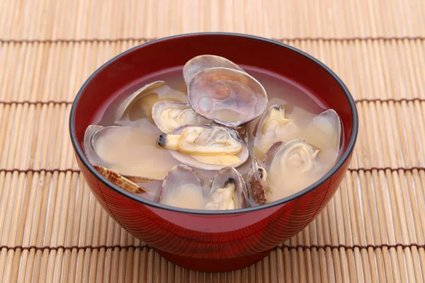 Japanese Miso Soup Asari Clams Bowl Bamboo Table — Stock Photo, Image