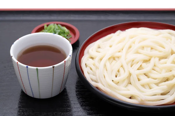 Macarrão Japonês Zaru Udon Prato Com Molho Soja Bandeja Madeira — Fotografia de Stock