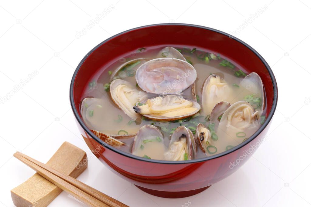 Japanese miso soup with asari clams in a bowl on white background  
