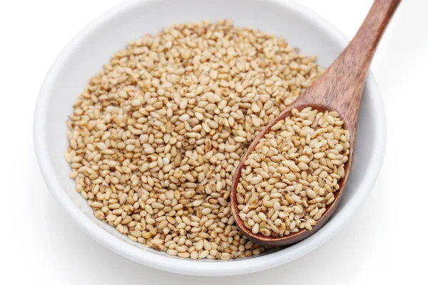 White Sesame Seeds Wooden Spoon Dish White Background — Stock Photo, Image