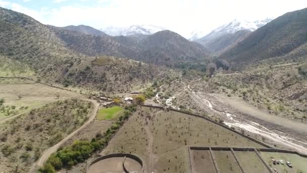 Vista Aérea Actividad Entrenamiento Caballos Valle Montañoso Chile — Vídeo de stock