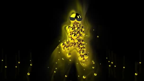 Gyllene Dans karaktär omgiven av färgglada lampor, mot svart — Stockvideo