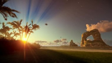 Palmiye ağaçları ve kayaları gündoğumu, tilt, okyanusu ile tropik ada