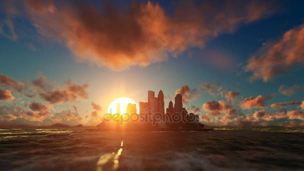 Modern stad på havet med solen bakom, solnedgång — Stockvideo