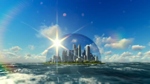 Modern city in a glass dome on ocean, timelapse clouds — Stock Video