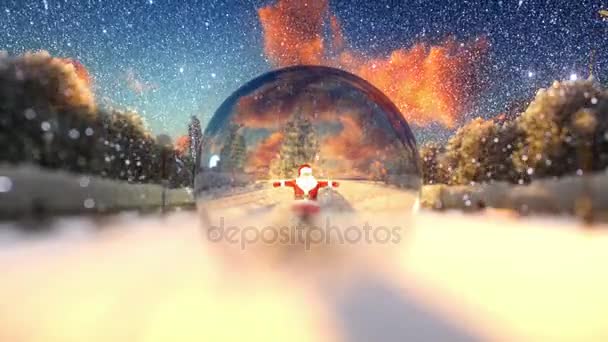 Santa Claus bailando en un globo de cristal, nieve, Fondo de vacaciones — Vídeos de Stock